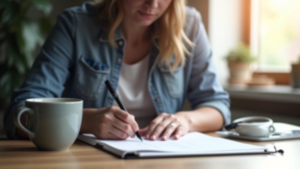 Persoon die notities maakt in een dagboek aan een werkbureau met koffie